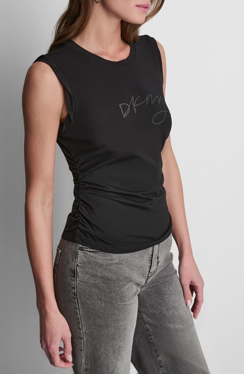 DKNY Script Ruched Cotton Blend Tank, Alternate, color, Black