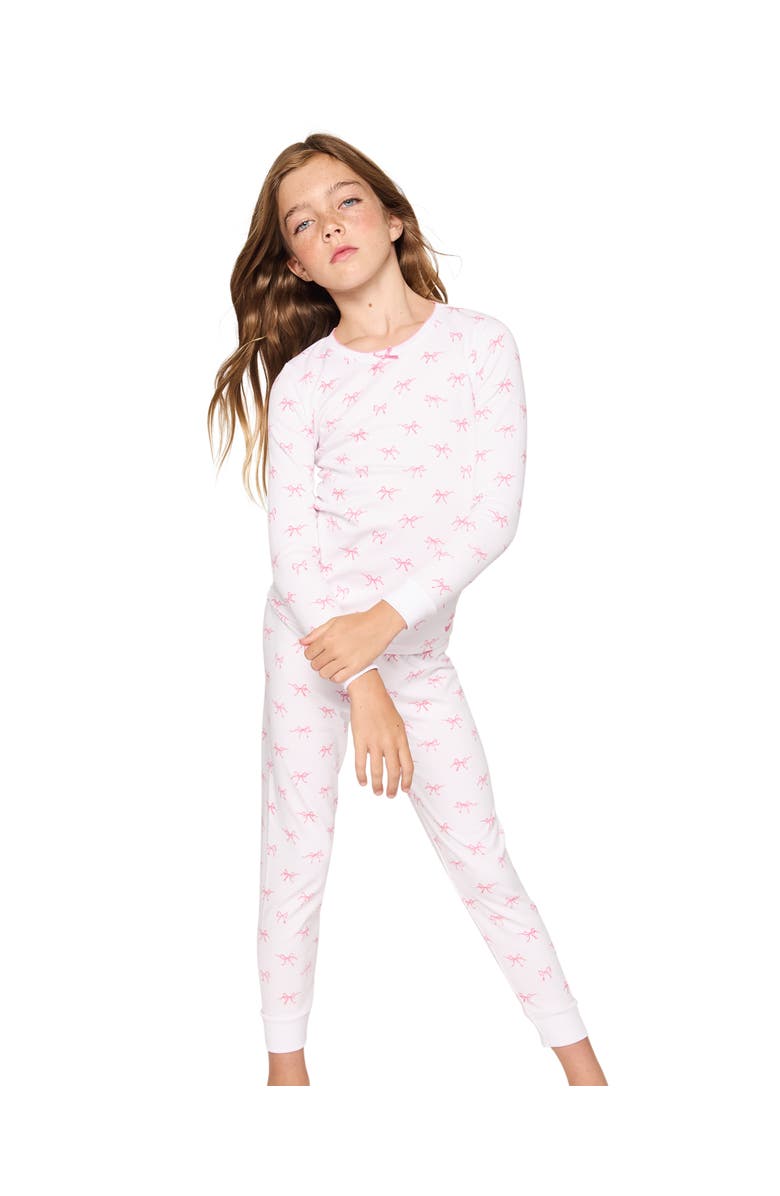 Petite Plume Kids' Bow Print Fitted Two-Piece Pajamas, Alternate, color, White