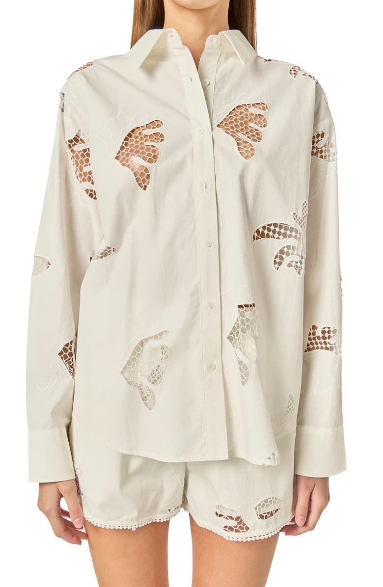 English Factory Embroidered Cotton Shirt, Alternate, color, Off White