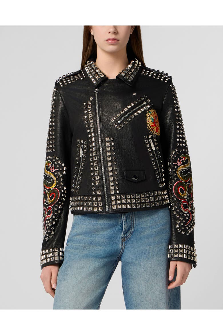 Boxy Fit Biker Jacket Studs &Amp; Patches Women, Main, color, black