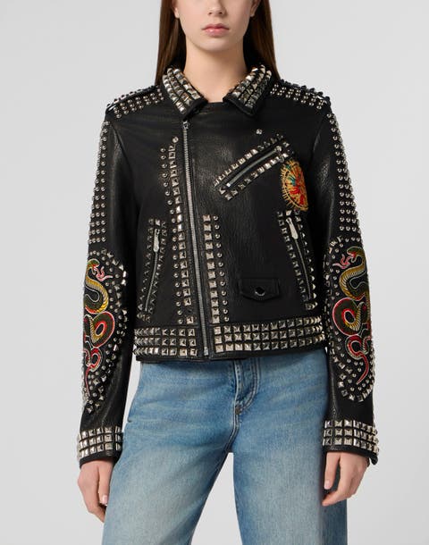 Boxy Fit Biker Jacket Studs &Amp; Patches Women