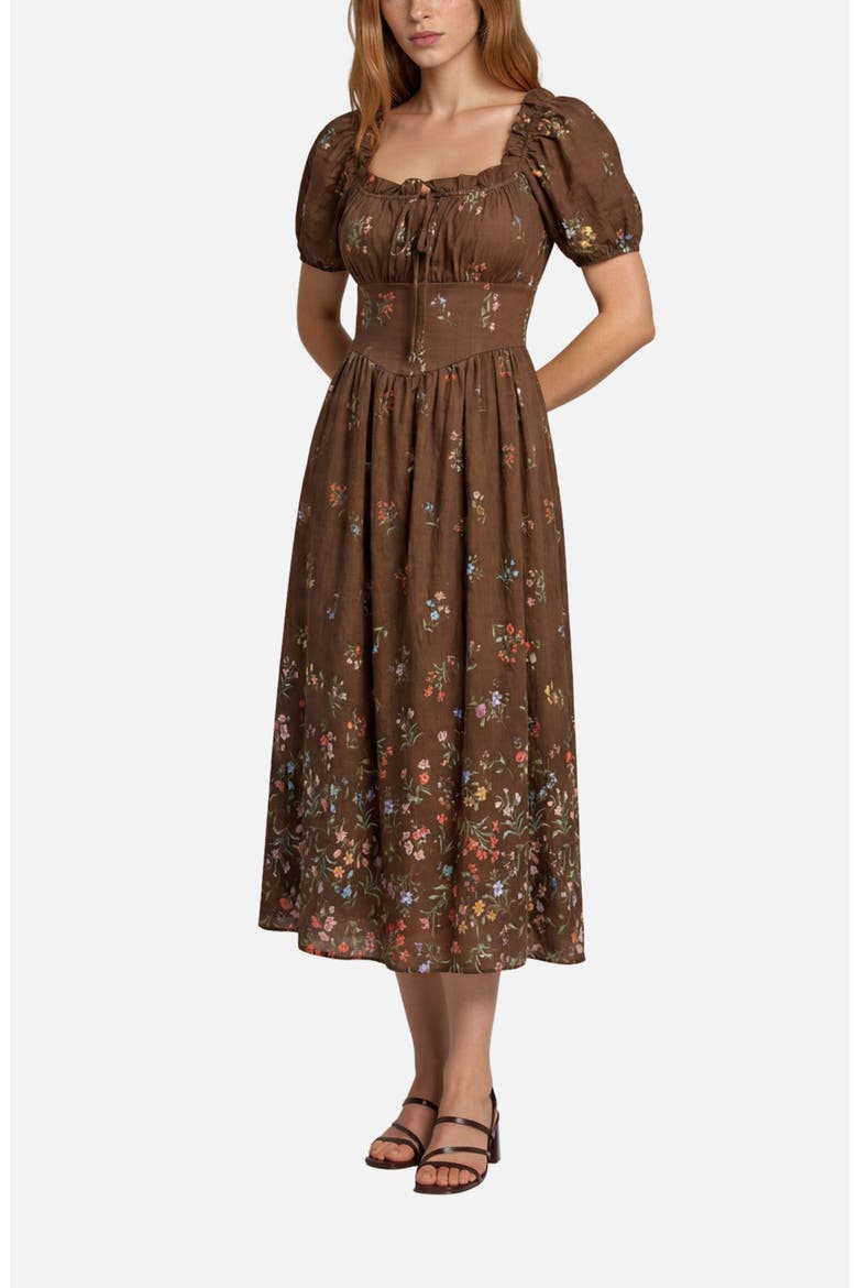 Floral Puff Sleeve Midi Dress, Alternate, color, BROWN MULTI