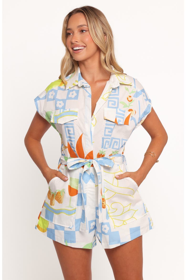 Georgina Tie Waist Cotton Romper, Alternate, color, WHITE MULTI