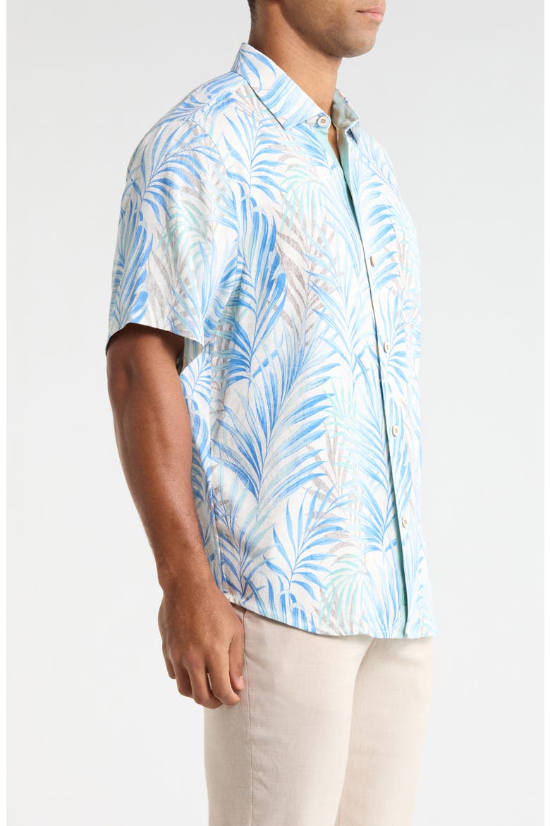 Palm Dancer Leaf Print Short Sleeve Silk Button-Up Shirt, Alternate, color, BANFF BLUE