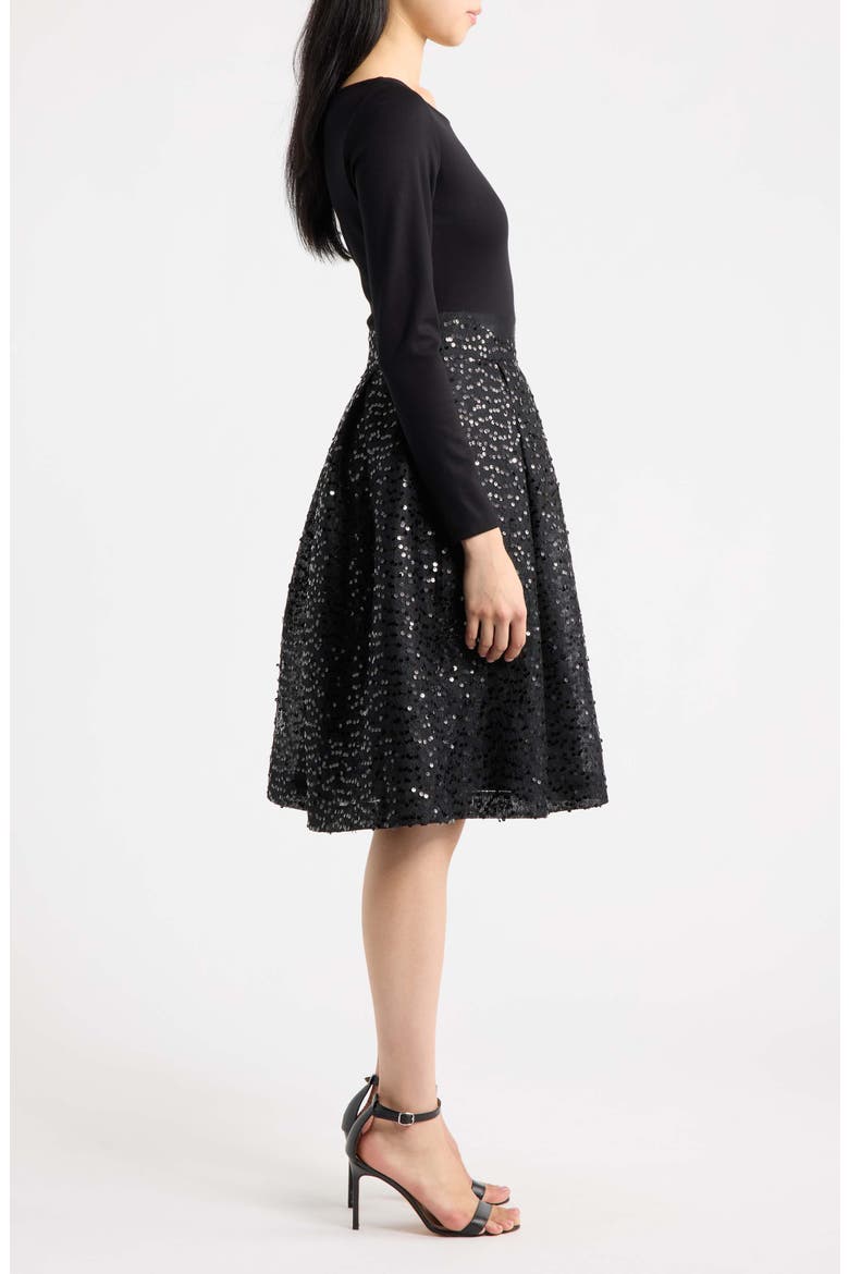 Mixed Media Long Sleeve Dress, Alternate, color, ANNE BLACK