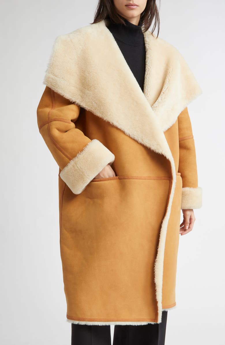 TOTEME Draped Genuine Shearling Coat, Alternate, color, Tan