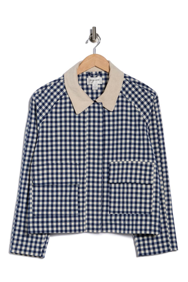 Corduroy Collar Gingham Shirt Jacket, Alternate, color, NAVY