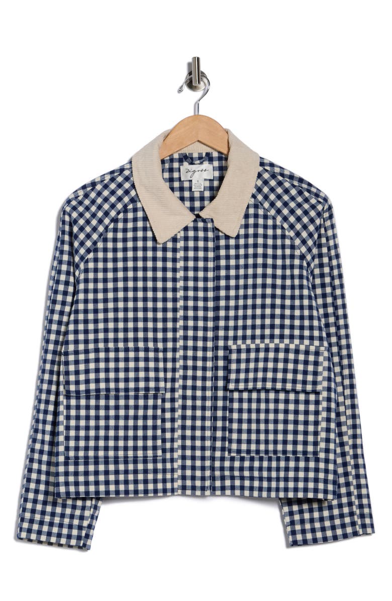 Vigoss Corduroy Collar Gingham Shirt Jacket, Alternate, color, Navy