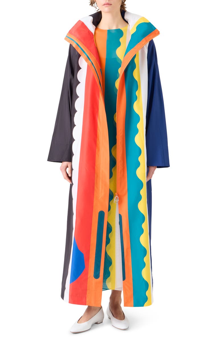 Akris Paravent Print Hooded Taffeta Coat, Main, color, Orange Multi
