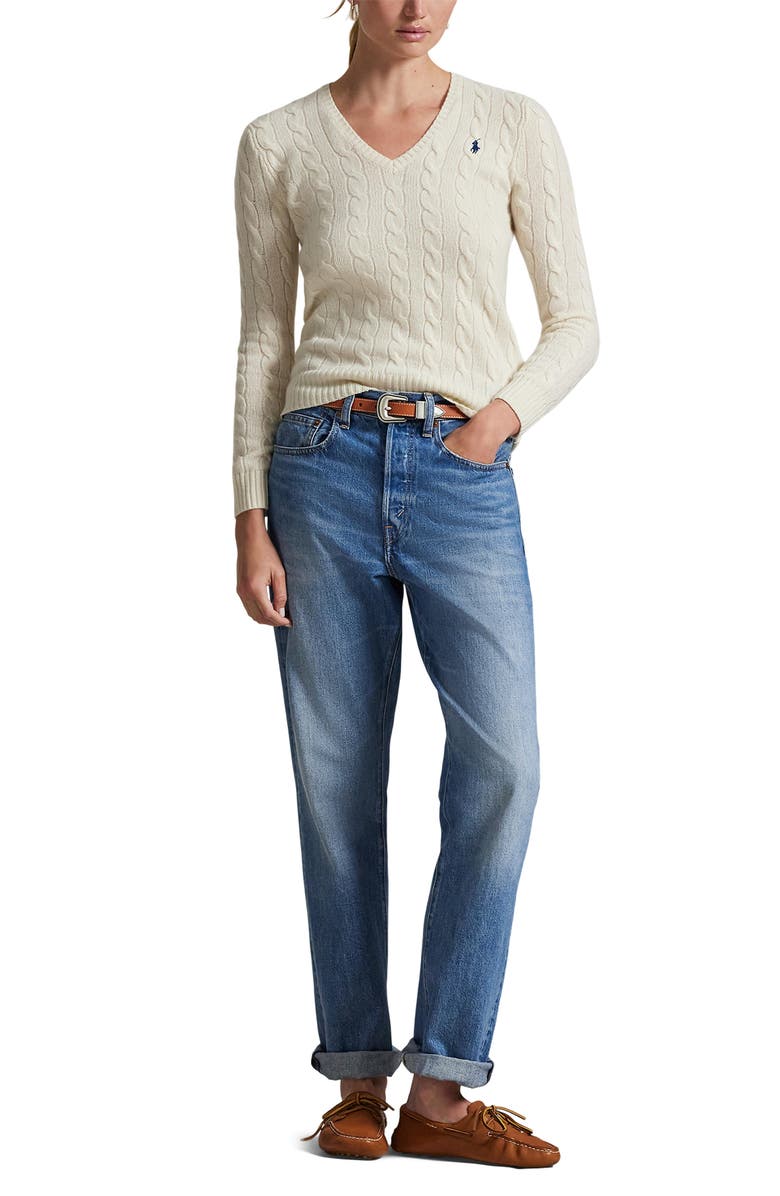 Polo Ralph Lauren Kimberly Cable Wool & Cashmere V-Neck Sweater, Alternate, color, Cream