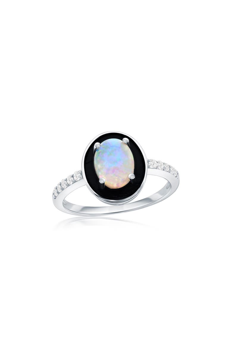 Sterling Silver Oval Cut Opal & Pavé CZ Ring, Main, color, WHITE OPAL/ BLACK/ SILVER
