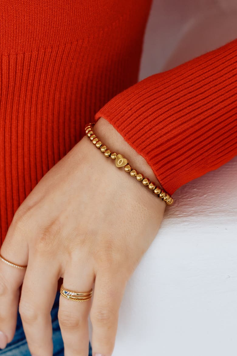 Gold Beaded with Heart Initial Bracelet, Alternate, color, Letter O