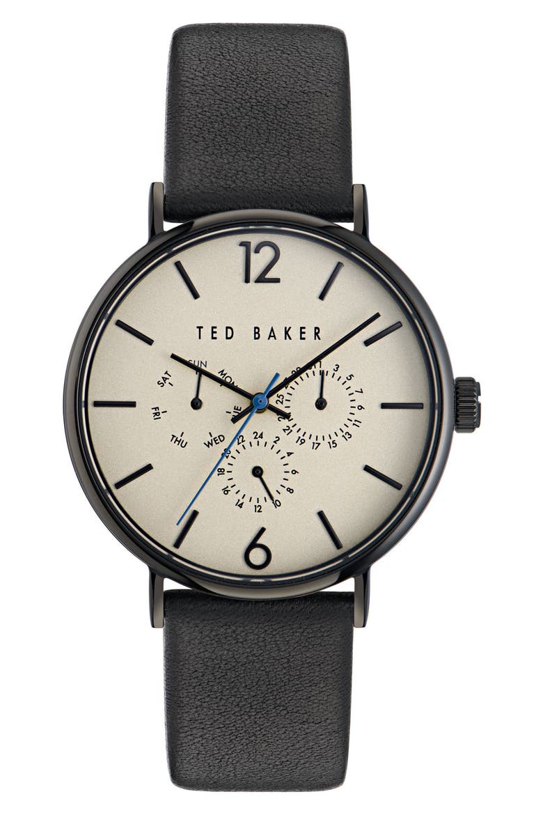 Recycled Stainless Steel Leather Strap Watch, Main, color, BLACK