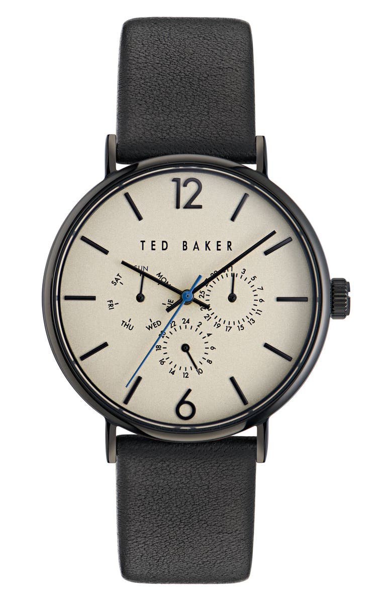 Ted Baker London Recycled Stainless Steel Leather Strap Watch, Main, color, 