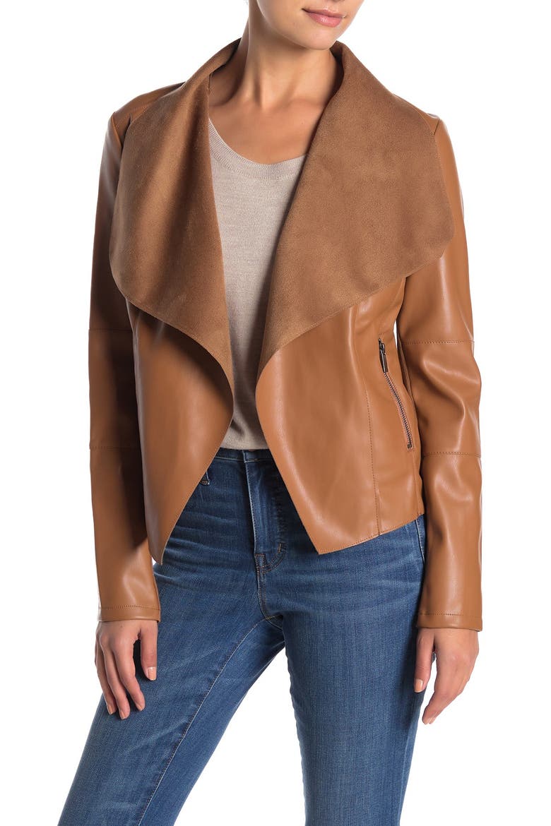 Drape Faux Leather & Faux Suede Jacket, Main, color, SADDLEDNU