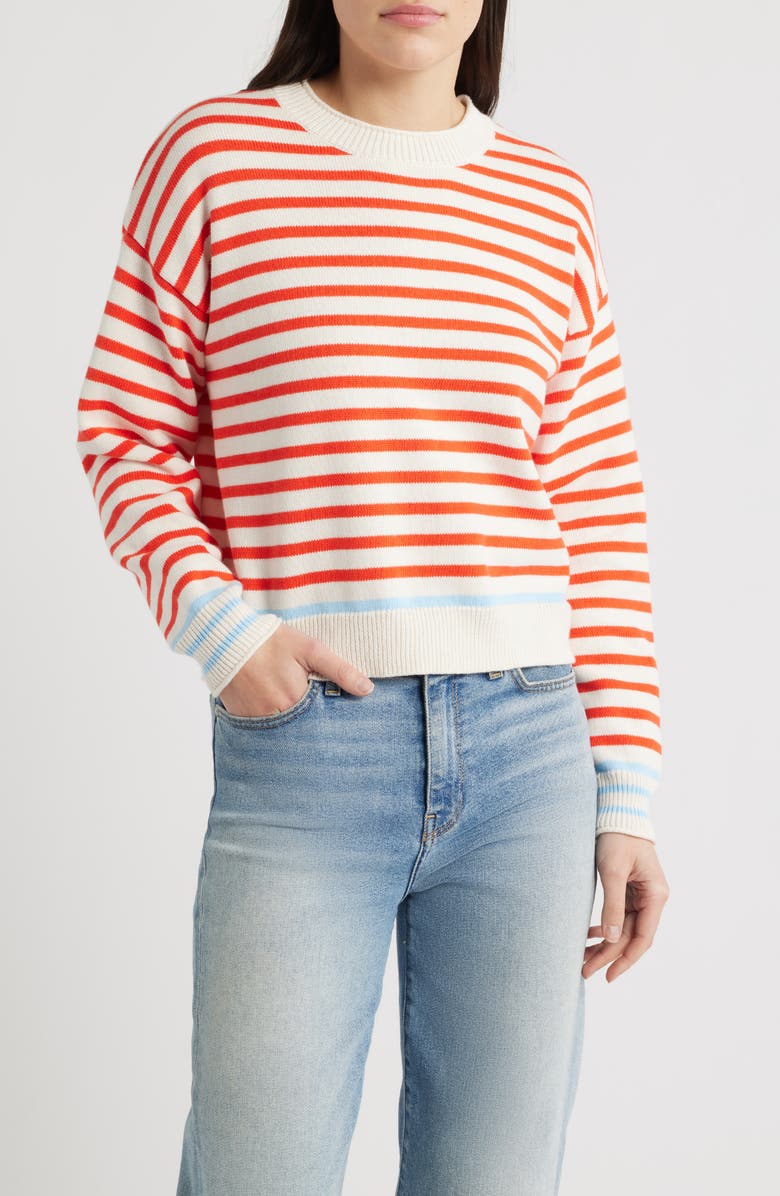 Marine Layer Suki Stripe Cotton Crewneck Sweater, Main, color, Red Stripe