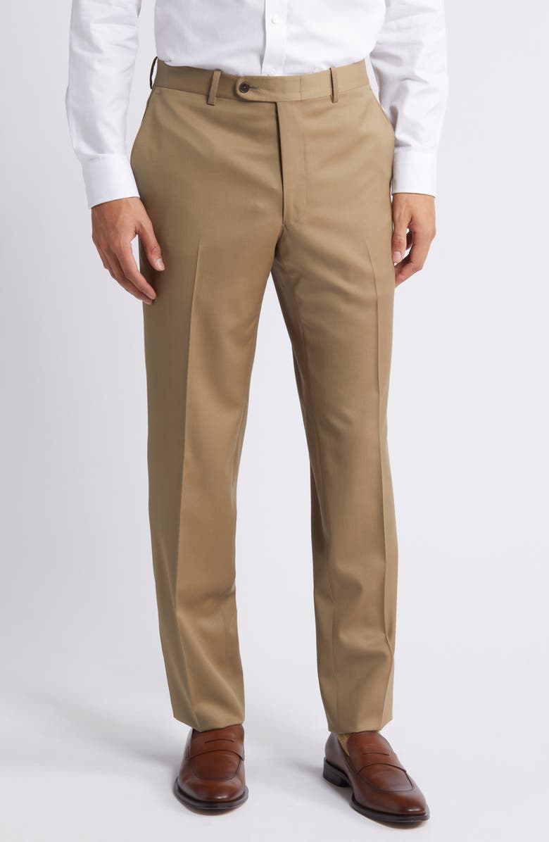 Peter Millar Solid Flat Front Stretch Wool Dress Pants, Main, color, Light Tan