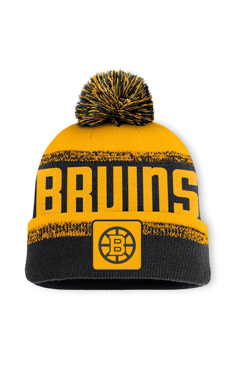 Men's Fanatics Black/Gold Boston Bruins Fundamentals Thrive Cuffed Knit Hat with Pom, Main, color, Black