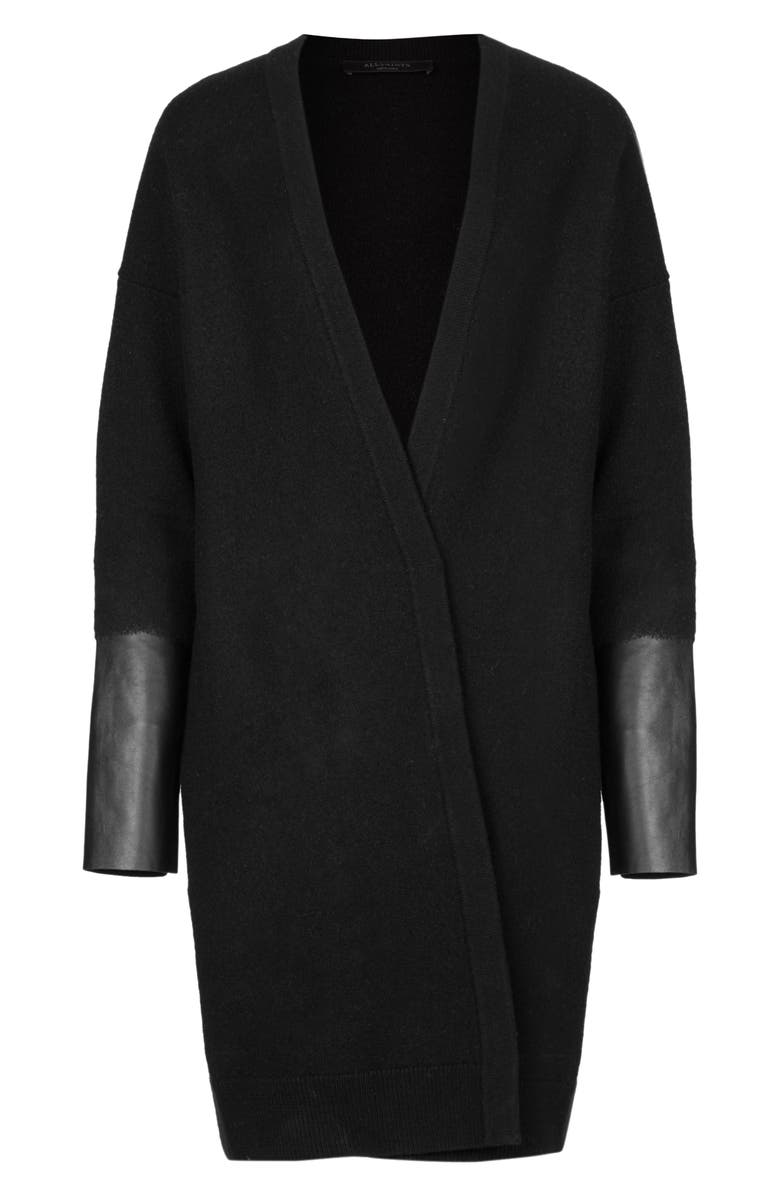AllSaints Essy Leather Cuff Wool Cardigan, Alternate, color,