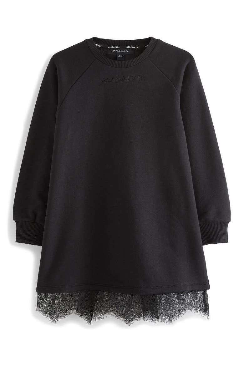 Lace Trim Sweatshirt Dress, Main, color, BLACK