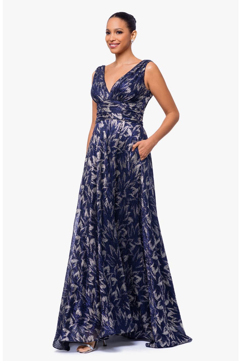 Metallic Floral A-Line Gown, Alternate, color, NAVY/ GUNMETAL