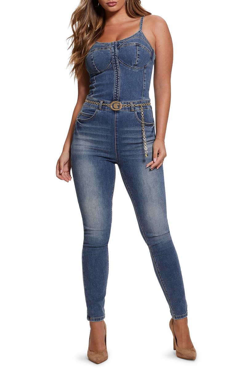 GUESS Chain Belt Denim Jumpsuit, Main, color,