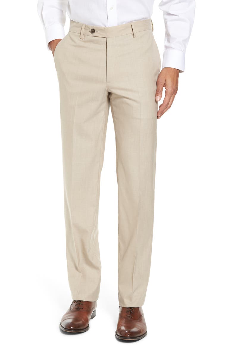 Flat Front Stretch Solid Wool Trousers, Main, color, TAN