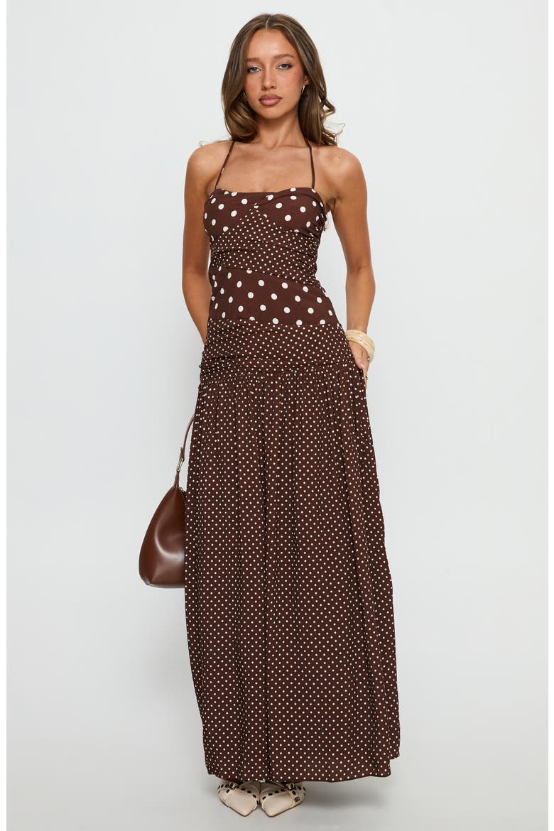 Marguerite Halter Dot Print Maxi Dress, Alternate, color, BROWN POLKA DOT