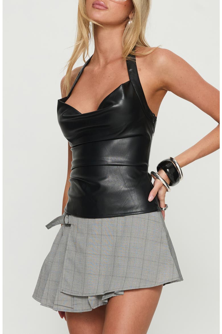 Thunderbolt Faux Leather Halter Top, Alternate, color, BLACK