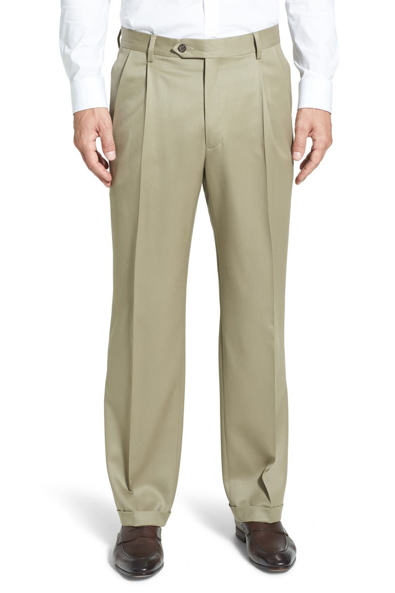 Pleated Classic Fit Wool Gabardine Dress Pants, Main, color, TAN