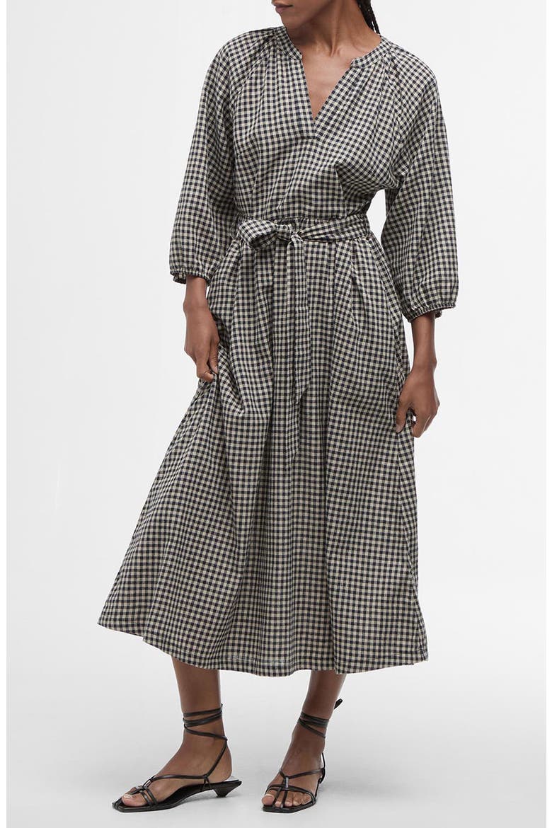 Suri Gingham Cotton & Linen Midi Dress, Alternate, color, DARK NAVY LIGHT SAND