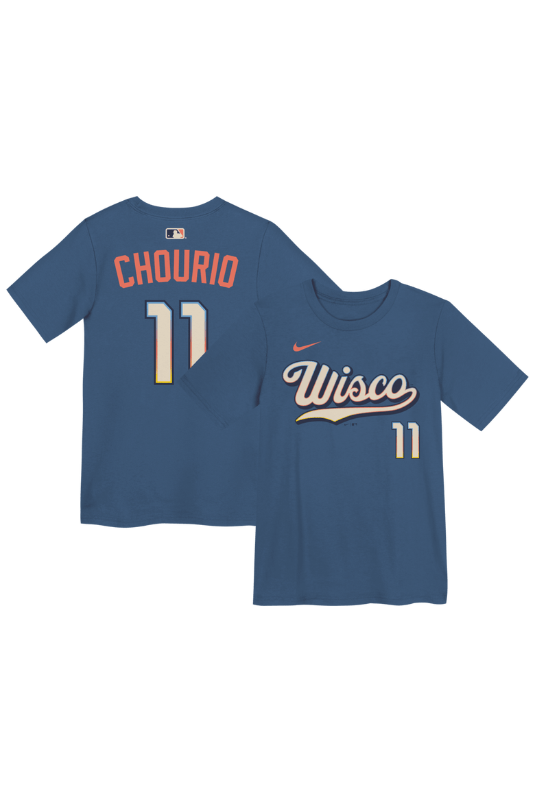 Preschool Nike Jackson Chourio Gray Milwaukee Brewers 2026 City Connect Name & Number T-Shirt, Main, color, Blue