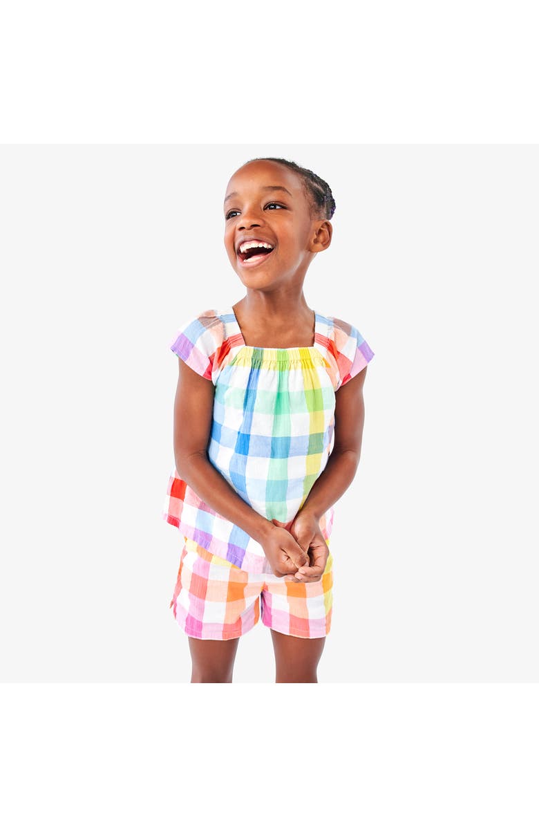 Primary Kids Picnic Top In Rainbow Gingham, Alternate, color, White Rainbow Check