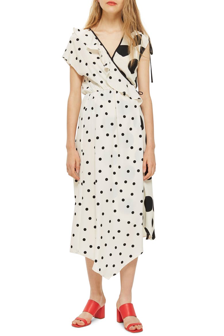 Mix Spot Midi Wrap Dress, Main, color, WHITE MULTI