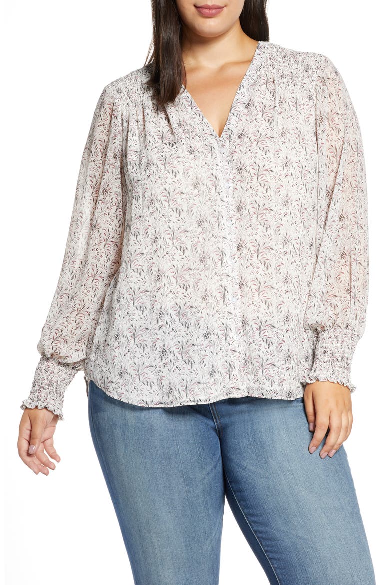 Print Button-Up Blouse, Main, color, SOFT ECRU MULTI