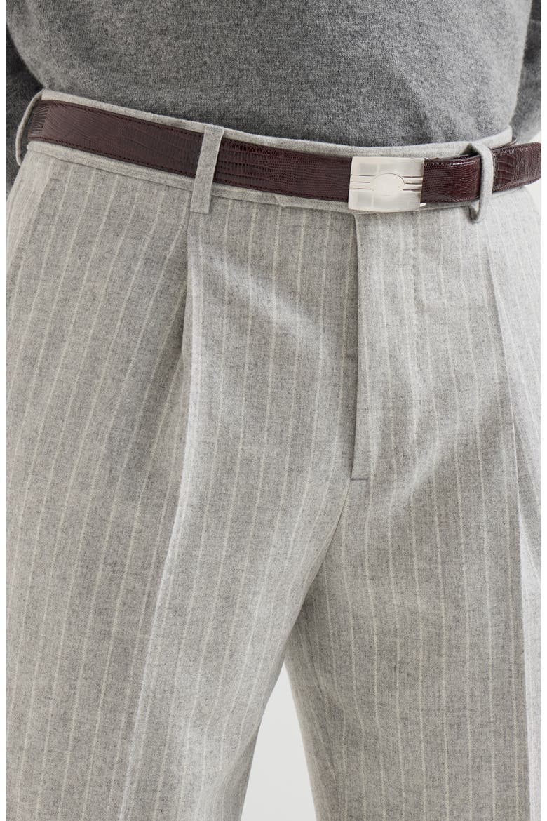 Virgin wool and cashmere chalk stripe flannel trousers with pleat, Alternate, color, Light Grey