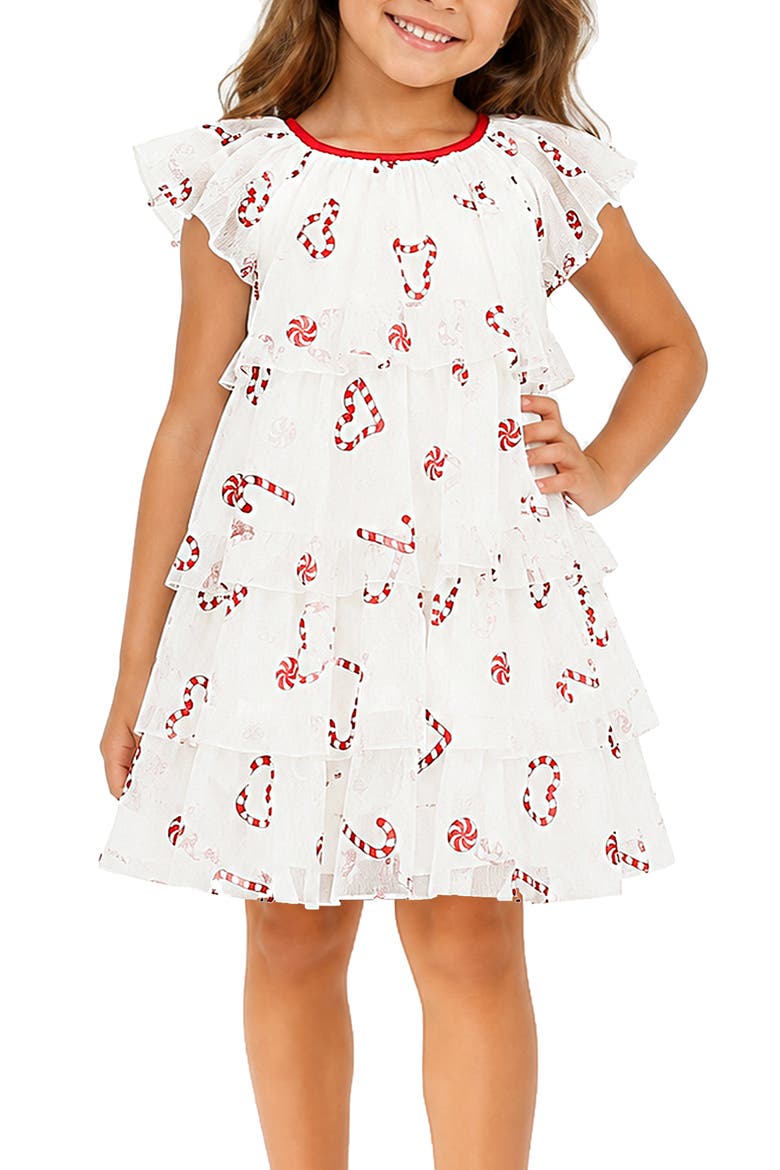 Kids' Foil Print Tiered Mesh Flutter Sleeve Dress, Alternate, color, IVORY/ RED