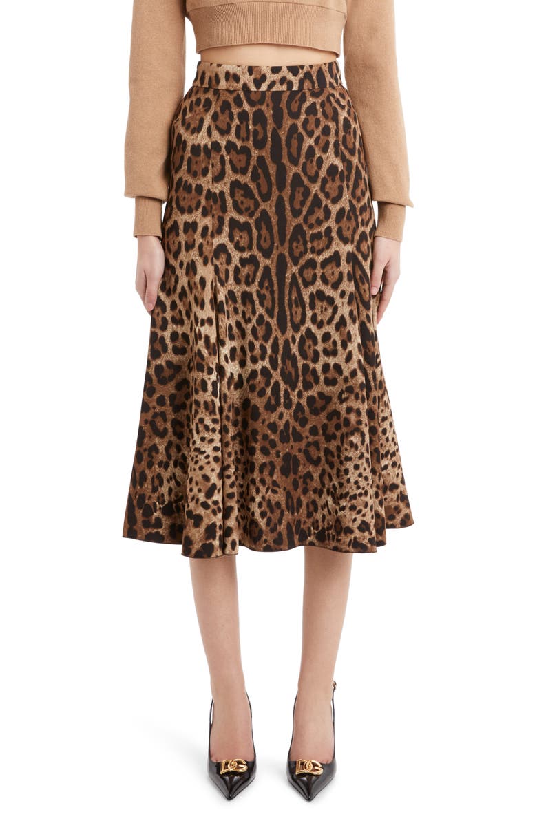 Dolce&Gabbana Leopard Print Stretch Cady A-Line Skirt, Main, color,