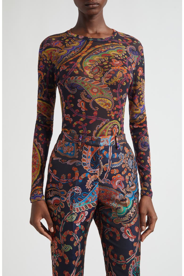 Paisley Fitted Mesh Top, Main, color, PRINT ON BLUE BASE