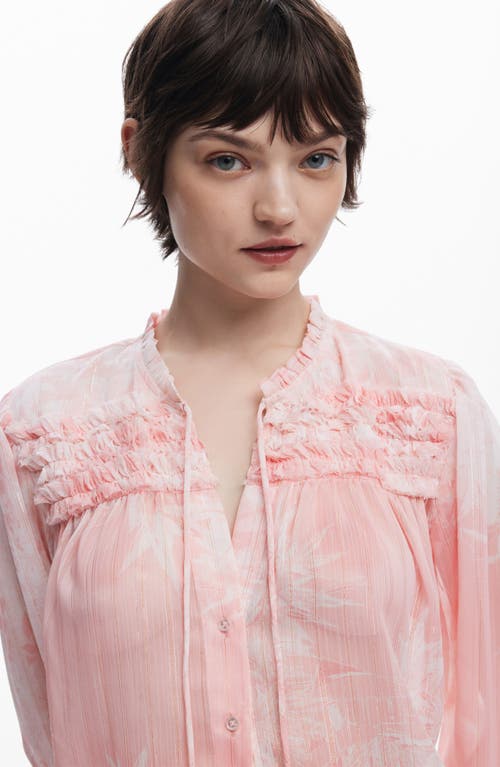 Desigual Ruffle Metallic Tie Neck Top In Pink