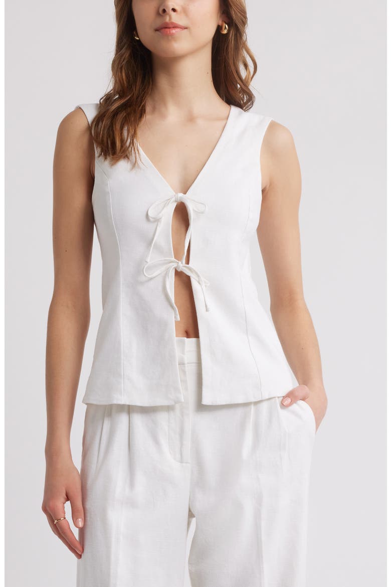 Tie Front Linen Blend Top, Main, color, WHITE