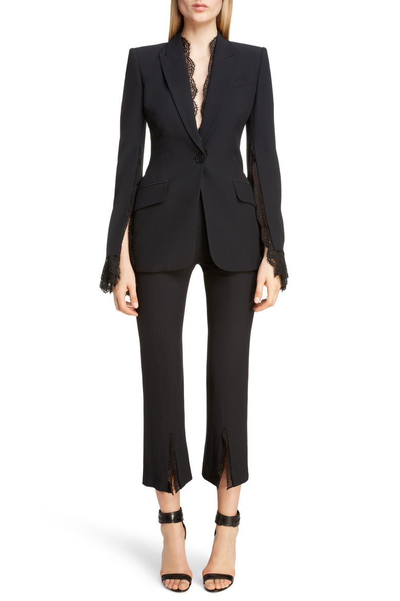 Alexander McQueen Lace Trim Blazer, Alternate, color, 1000 - BLACK