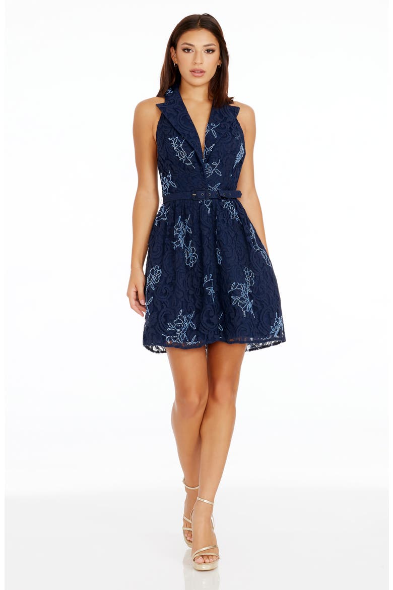 Saxon Beaded Lace Halter Minidress, Alternate, color, NAVY MULTI