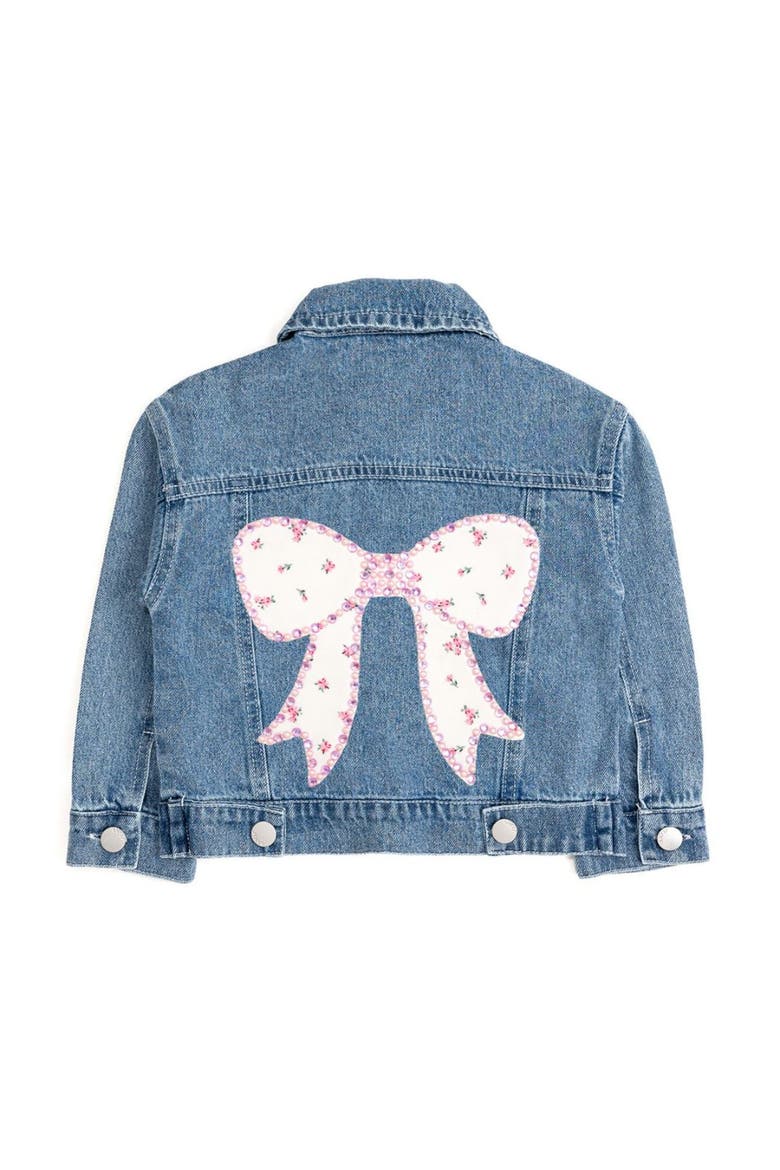 Pearl and Gemstone Floral Bow Patch Denim Jacket, Main, color, Denim