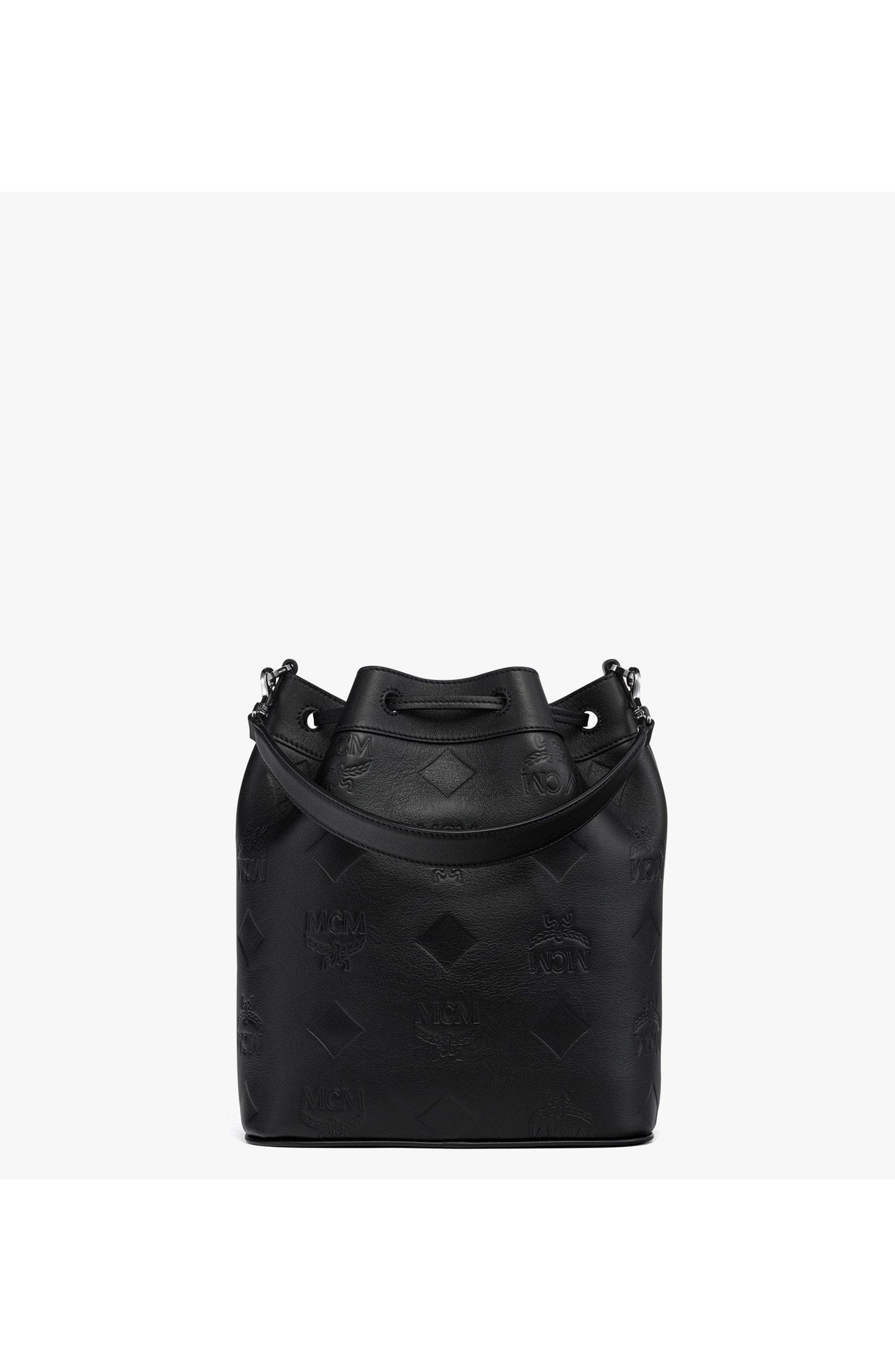 MCM Medium Dessau Drawstring Bag in Maxi Monogram Leather, Alternate, color, Black