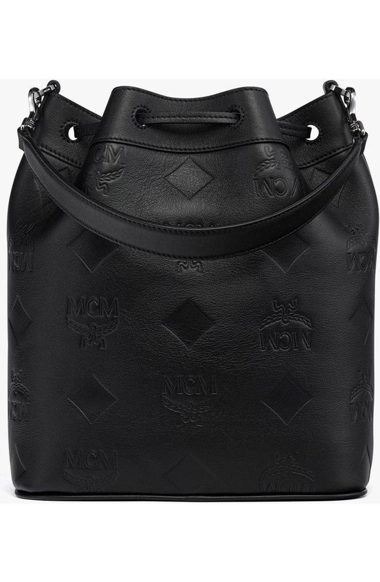 MCM Medium Dessau Drawstring Bag in Maxi Monogram Leather, Alternate, color, Black