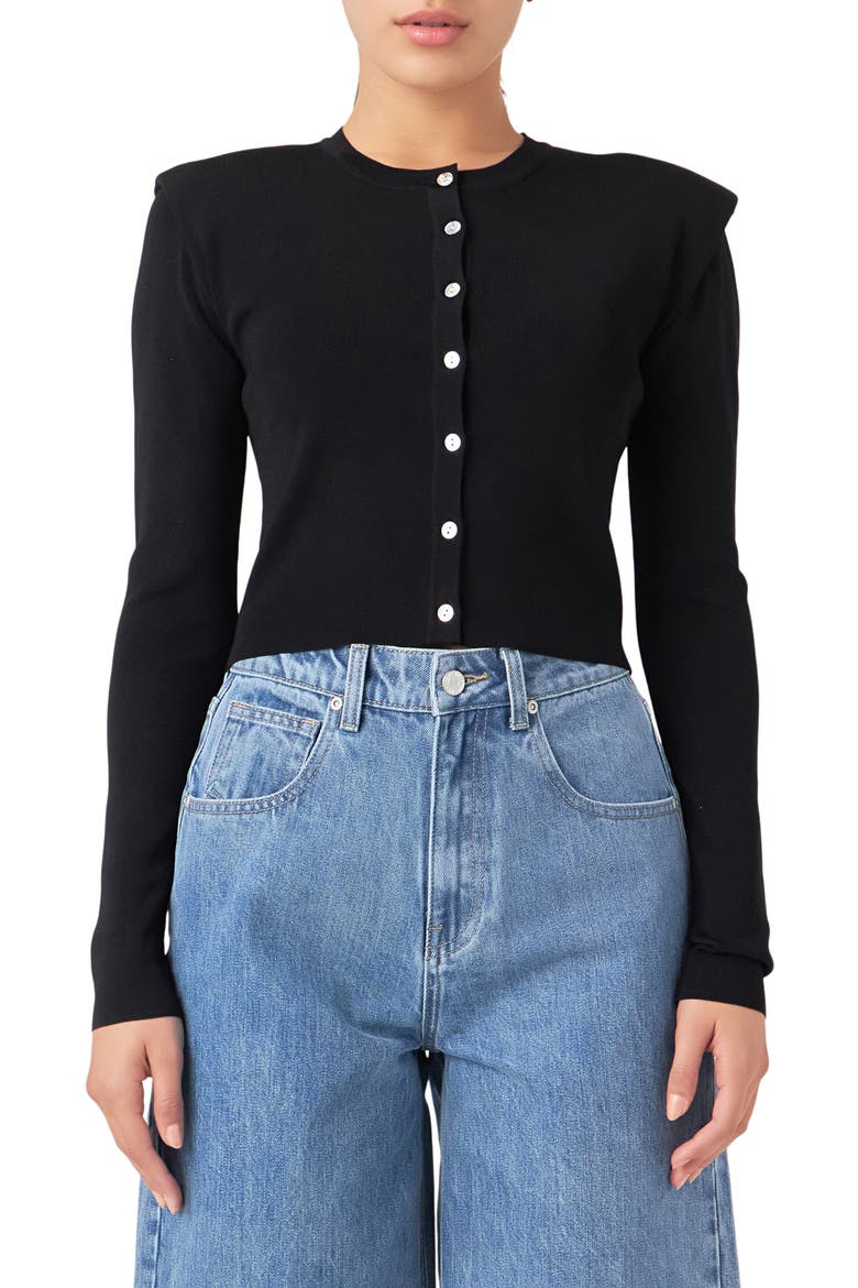 Padded Shoulder Cardigan, Main, color, BLACK