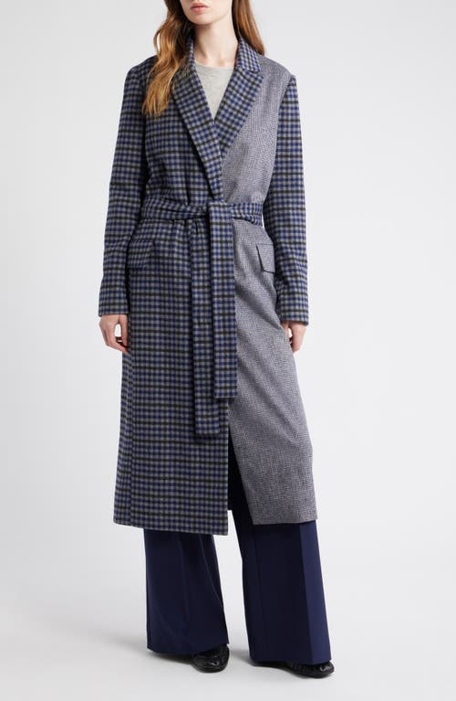 Dra Maggie Blockcheck Wool Blend Wrap Coat In Blue