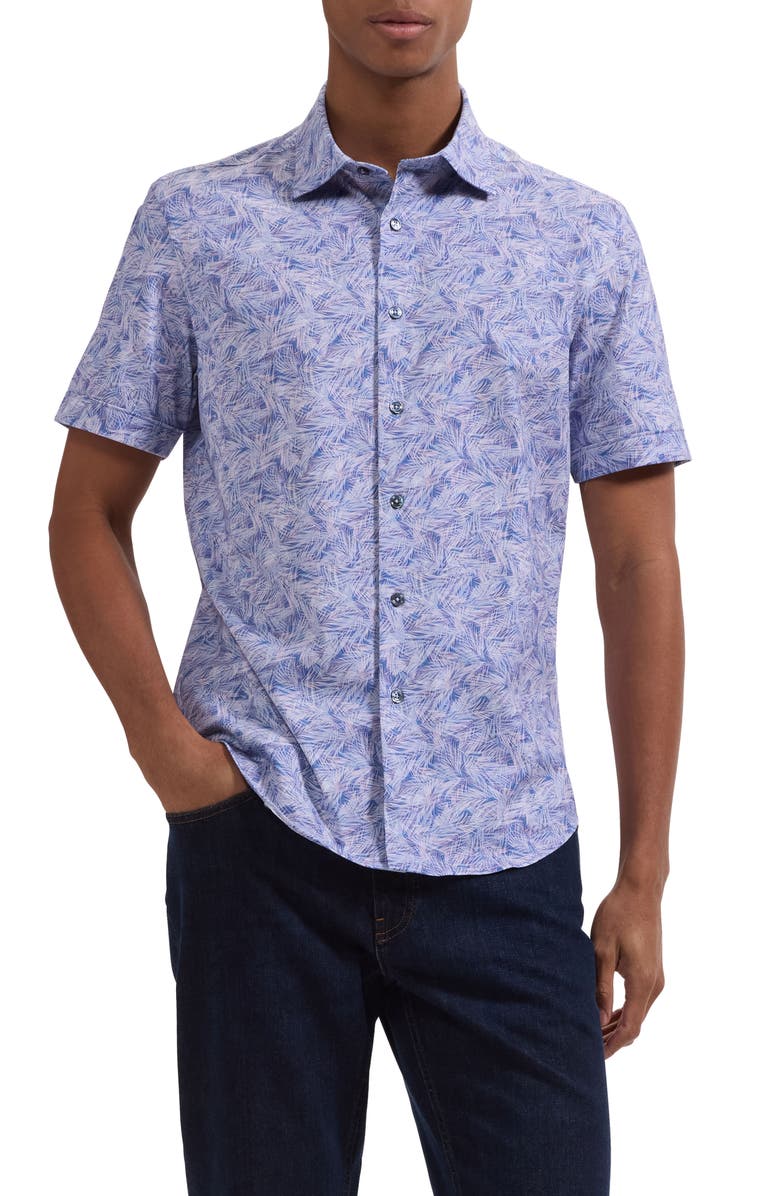 Bugatchi Miles OoohCotton<sup>®</sup> Tropical Palm Print Short Sleeve Button-Up Shirt, Main, color, Orchid