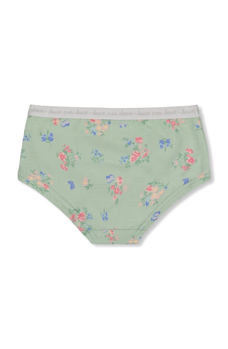 Deux par Deux Girl's Printed Organic Cotton Boyshort Panty Small Pink And Blue Flowers On Light Sage, Main, color,